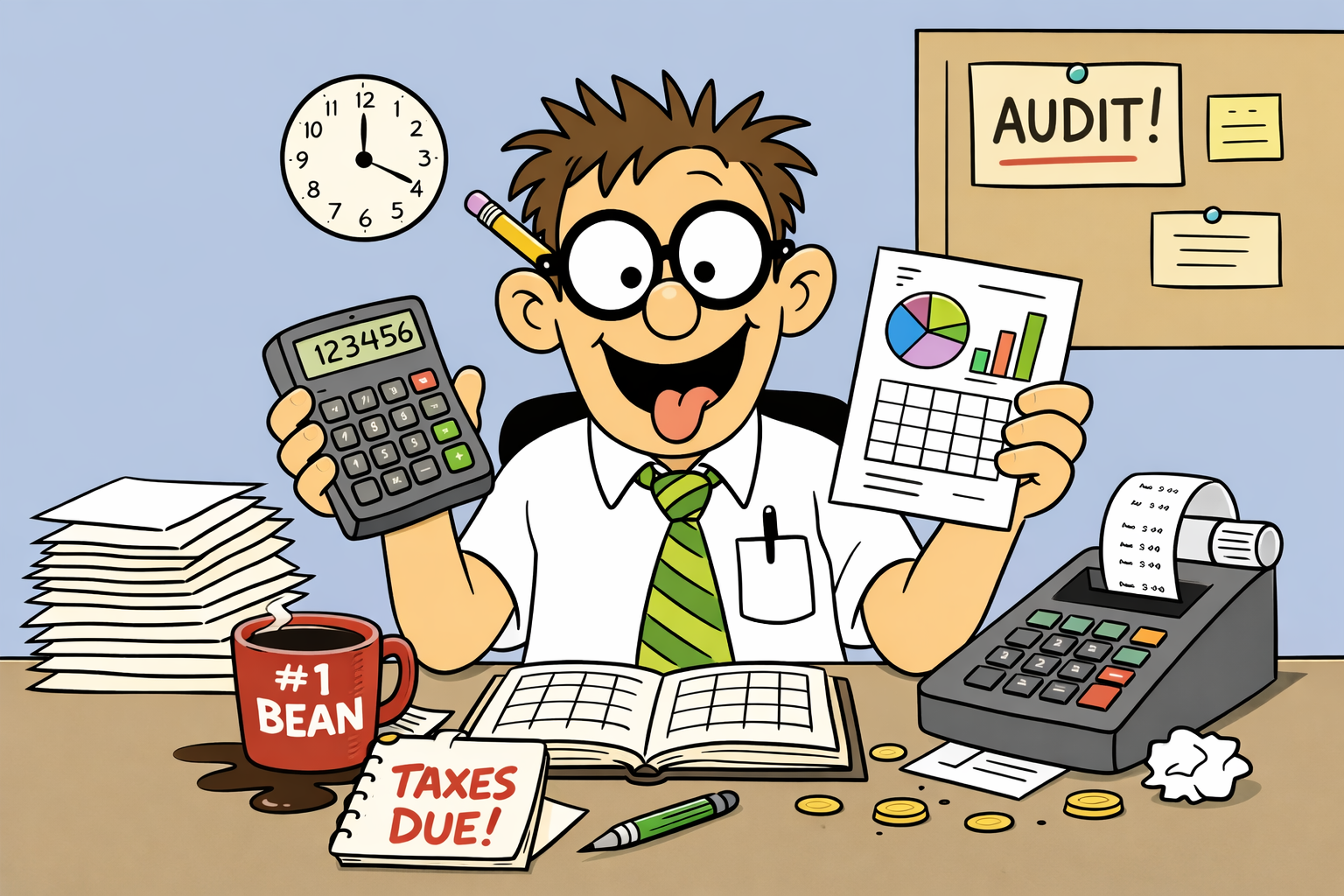 Goofy cartoon accountant illustration for the accountant jokes page