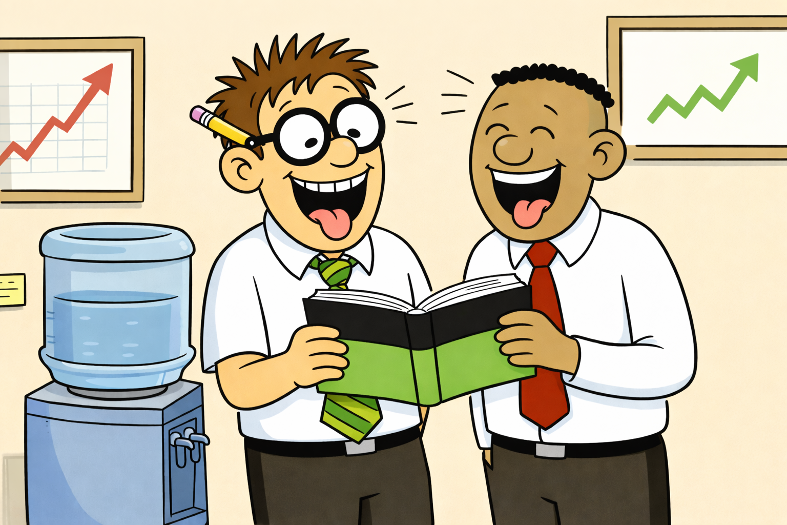 Two cartoon finance coworkers laughing at a water cooler, one holding a black and green finance joke book